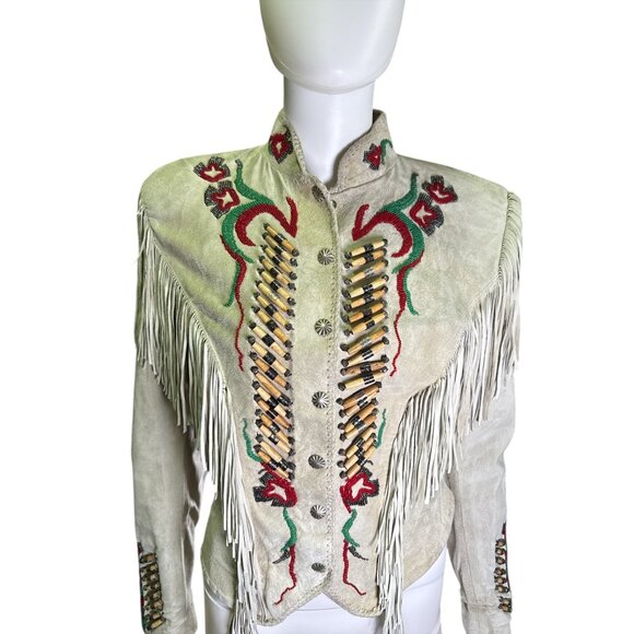 Renegade By Ren Ellis Vintage Beige Suede Fringe Beaded and Bullet Accents Sz 8 - Picture 1 of 9